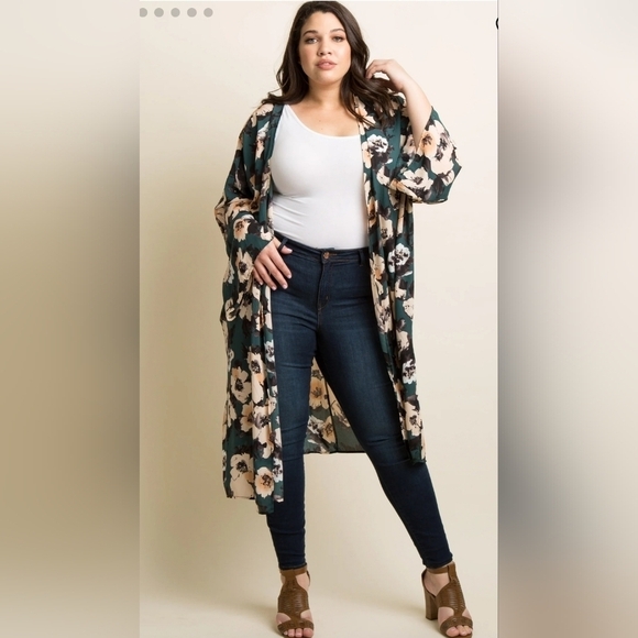 PinkBlush Green Floral Chiffon Long Plus Cover Up KIMONO Size M - Picture 1 of 11